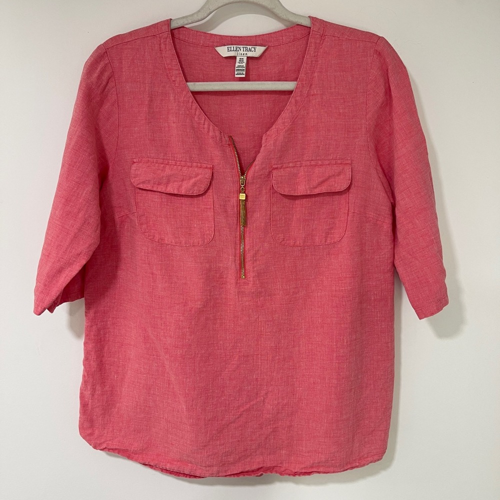 Ellen Tracy Women Linen Cotton Zip Pocket Top 3/4 Sleeve Blouse Med Coral Pink